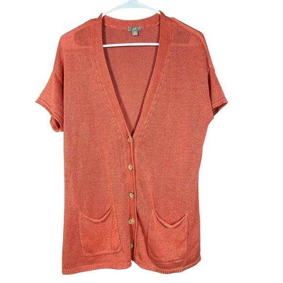 J Jill 100% Linen Cardigan Sweater Petite Small Coastal Beachy Bamboo Orange - Picture 1 of 11